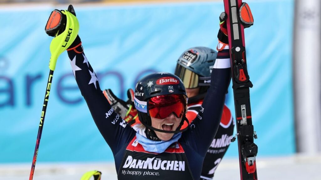 Mikaela Shiffrin skiing through slalom gates during her World Cup victory in Hafjell, Norway