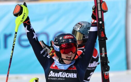 Mikaela Shiffrin skiing through slalom gates during her World Cup victory in Hafjell, Norway