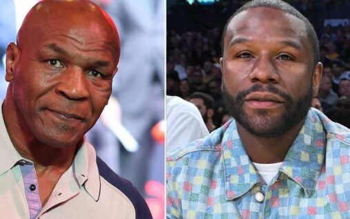 Mike Tyson and Floyd Mayweather facing off in a boxing ring