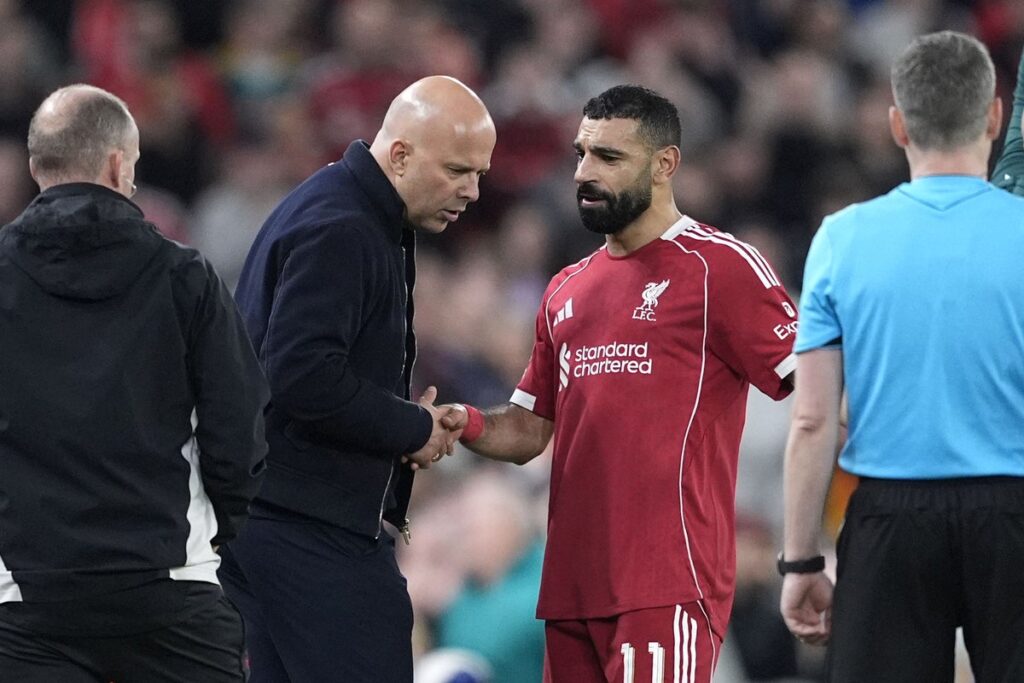 Mohamed Salah gesturing to the Liverpool bench during the Champions League match against Galatasaray