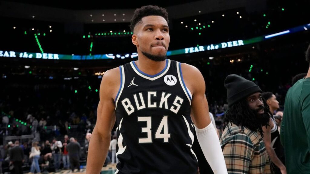 Giannis Antetokounmpo of the Milwaukee Bucks looking on during an NBA match