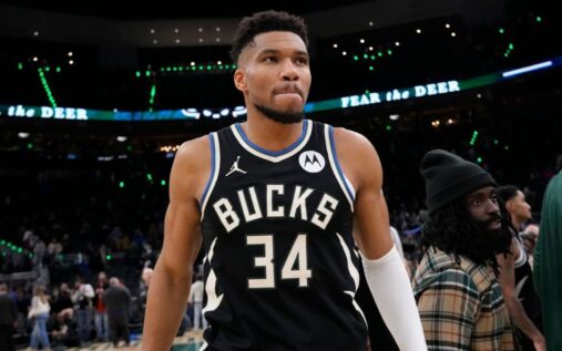 Giannis Antetokounmpo of the Milwaukee Bucks looking on during an NBA match