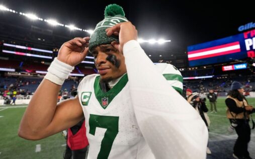 Aaron Rodgers and Justin Fields shown in their respective New York Jets uniforms