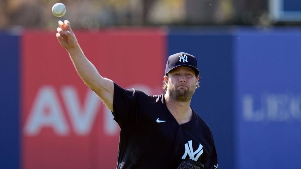 New York Yankees pitcher Gerrit Cole throwing a baseball from the mound
