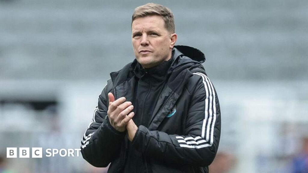 Newcastle United manager Eddie Howe looking thoughtful on the touchline during a Premier League match