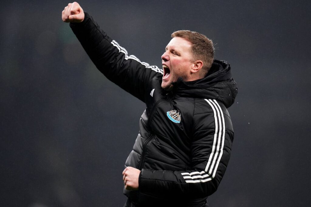 Newcastle United manager Eddie Howe gesturing on the touchline during a match