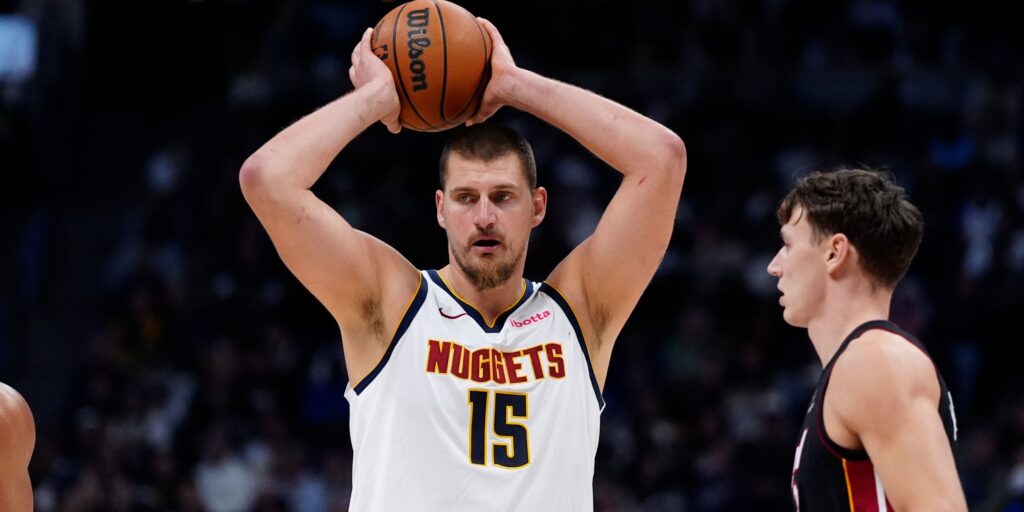 Nikola Jokic of the Denver Nuggets looking ahead during an NBA basketball game
