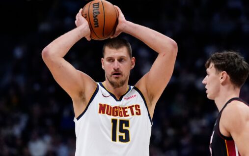 Nikola Jokic of the Denver Nuggets looking ahead during an NBA basketball game