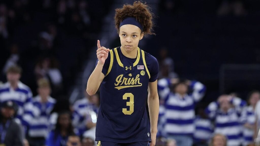 Notre Dame guard Hannah Hidalgo dribbling the basketball on the court