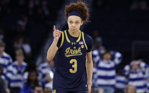 Notre Dame guard Hannah Hidalgo dribbling the basketball on the court
