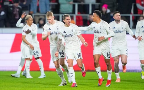 Nottingham Forest players celebrating their penalty shootout victory against Midtjylland in the Europa League