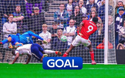 Taiwo Awoniyi celebrating after scoring Nottingham Forest's third goal against Tottenham Hotspur