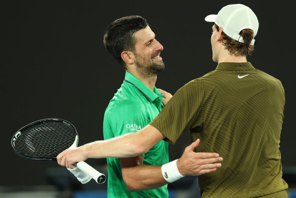 Novak Djokovic preparing to serve during a practice session at Indian Wells
