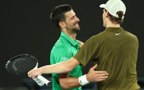 Novak Djokovic preparing to serve during a practice session at Indian Wells