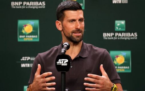 Novak Djokovic practicing on hard courts at the Indian Wells Tennis Garden