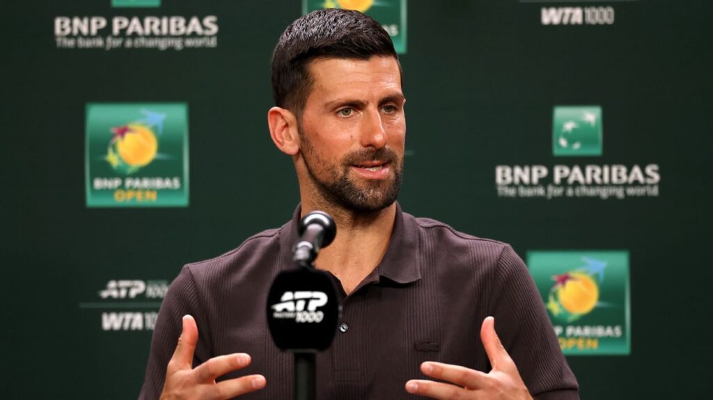 Novak Djokovic speaking to the media at a press conference during the BNP Paribas Open