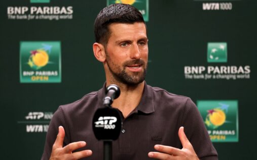 Novak Djokovic speaking to the media at a press conference during the BNP Paribas Open