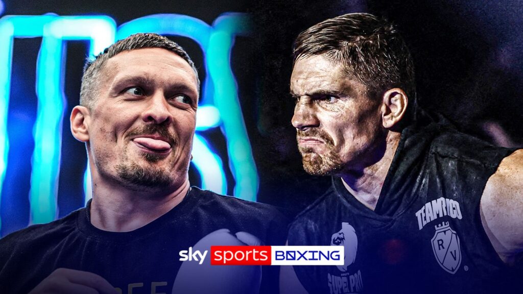 Oleksandr Usyk and Rico Verhoeven facing off in a boxing ring