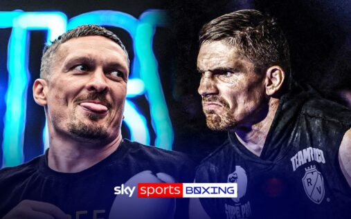 Oleksandr Usyk and Rico Verhoeven facing off in a boxing ring