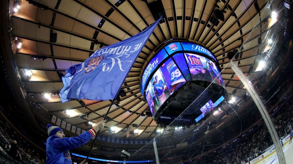 General view of the ice hockey rink at Madison Square Garden prepared for a game
