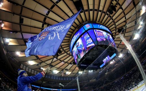 General view of the ice hockey rink at Madison Square Garden prepared for a game