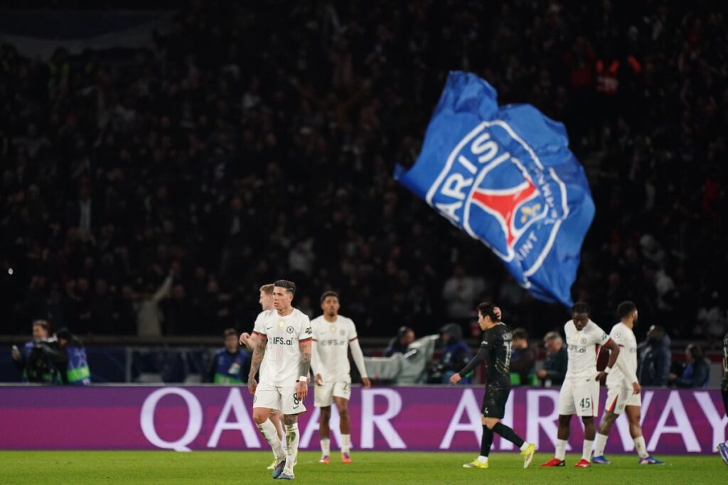 Khvicha Kvaratskhelia celebrates scoring for Paris St-Germain against Chelsea in the Champions League