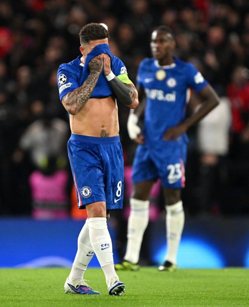 Paris St-Germain players celebrate scoring against Chelsea during their Champions League match at Stamford Bridge.