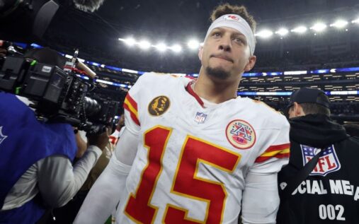 Kansas City Chiefs quarterback Patrick Mahomes throwing a football during an indoor rehabilitation training session