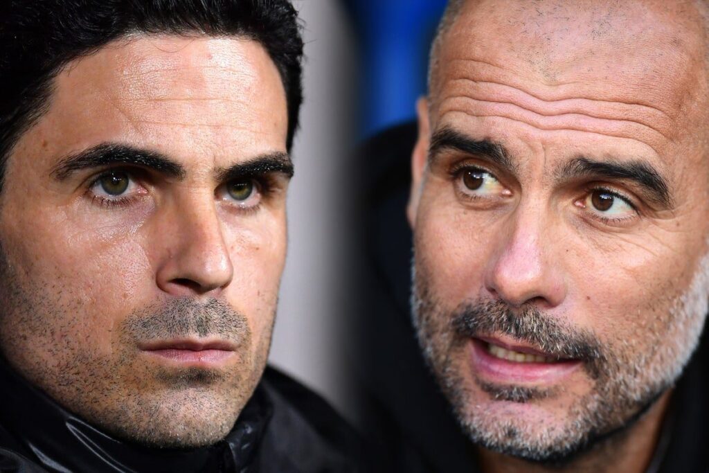 Pep Guardiola and Mikel Arteta standing on the touchline during a match between Manchester City and Arsenal