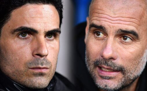 Pep Guardiola and Mikel Arteta standing on the touchline during a match between Manchester City and Arsenal