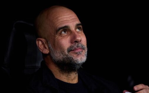 Manchester City manager Pep Guardiola looking pensive on the touchline