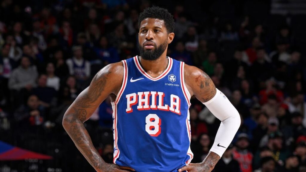 Philadelphia 76ers forward Paul George speaking to the media at a press conference