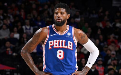 Philadelphia 76ers forward Paul George speaking to the media at a press conference