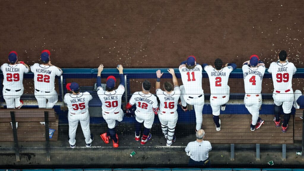 Venezuela baseball players celebrating their 3-2 victory over Team USA in the World Baseball Classic final