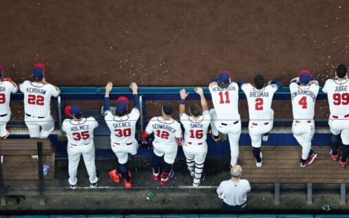 Venezuela baseball players celebrating their 3-2 victory over Team USA in the World Baseball Classic final