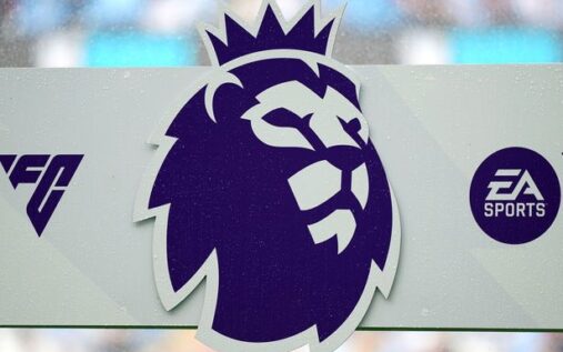A corner flag bearing the Premier League logo at a football stadium
