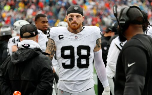 Maxx Crosby lining up on the defensive line for the Las Vegas Raiders