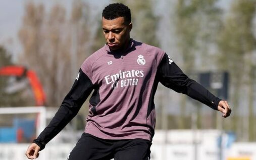 Kylian Mbappe in Real Madrid training kit ahead of Champions League match