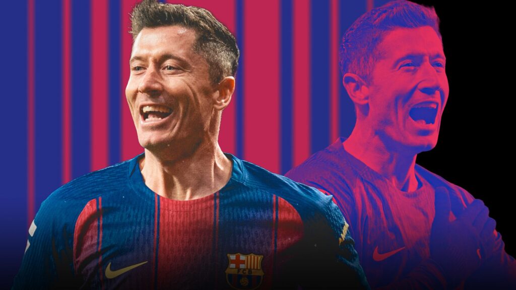 Robert Lewandowski clapping the fans while wearing a Barcelona kit