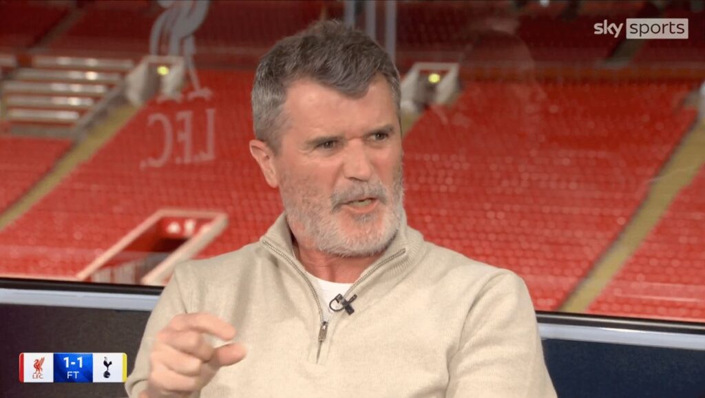 Roy Keane looking serious in a television studio while discussing the Premier League