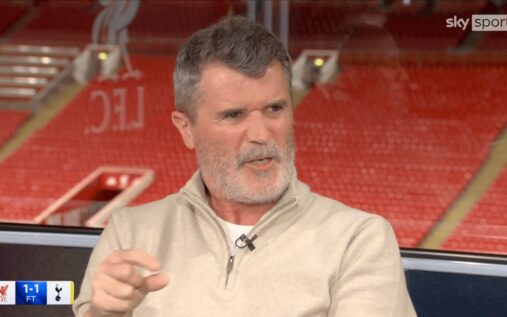 Roy Keane looking serious in a television studio while discussing the Premier League