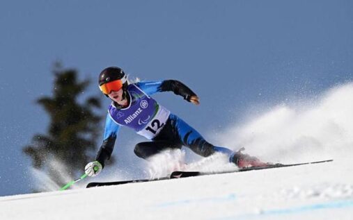 Para-alpine skier Varvara Voronchikhina racing on the Olimpia delle Tofane piste in the standing super G event.