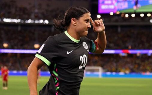 Australia captain Sam Kerr celebrating her winning goal against China in the Asian Cup semi-final