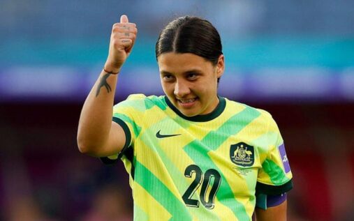 Sam Kerr celebrating her goal for Australia against the Philippines in the Asian Cup