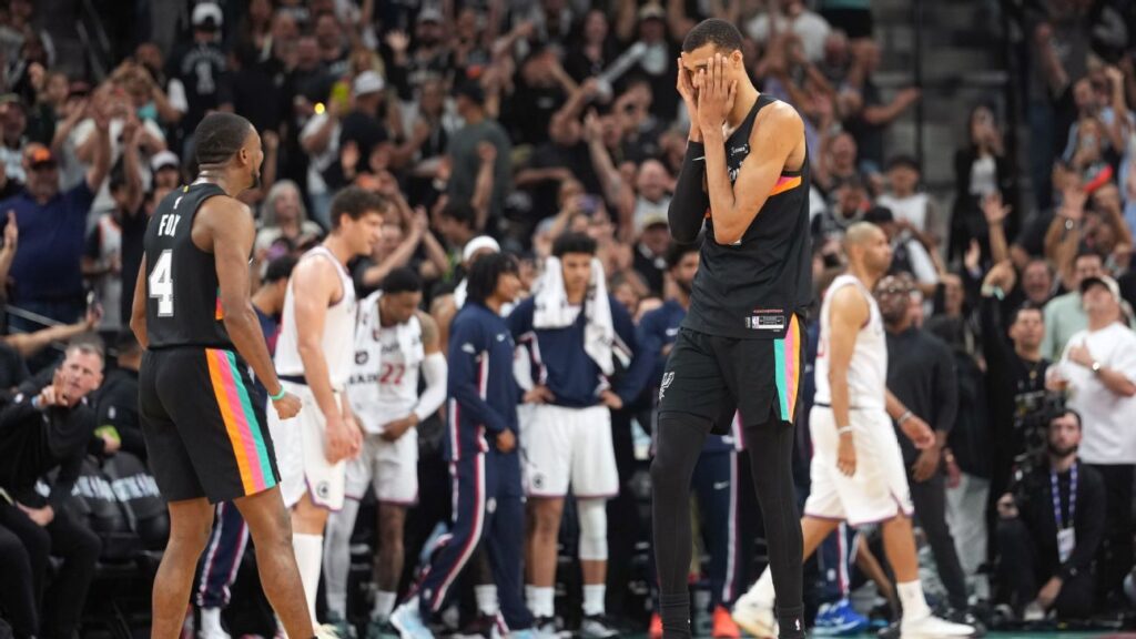 Victor Wembanyama celebrating on the court after the San Antonio Spurs beat the LA Clippers