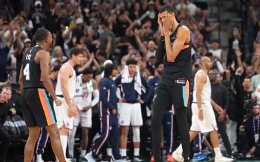 Victor Wembanyama celebrating on the court after the San Antonio Spurs beat the LA Clippers