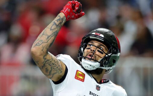 San Francisco 49ers wide receiver Mike Evans answering questions during a press conference about his new contract