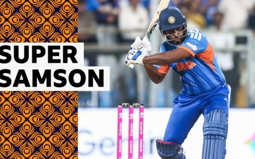 Sanju Samson raising his bat to the crowd after scoring a half-century for India against England