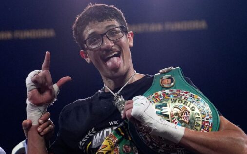 Sebastian Fundora landing a powerful punch on Keith Thurman during their WBC super-welterweight title fight in Las Vegas