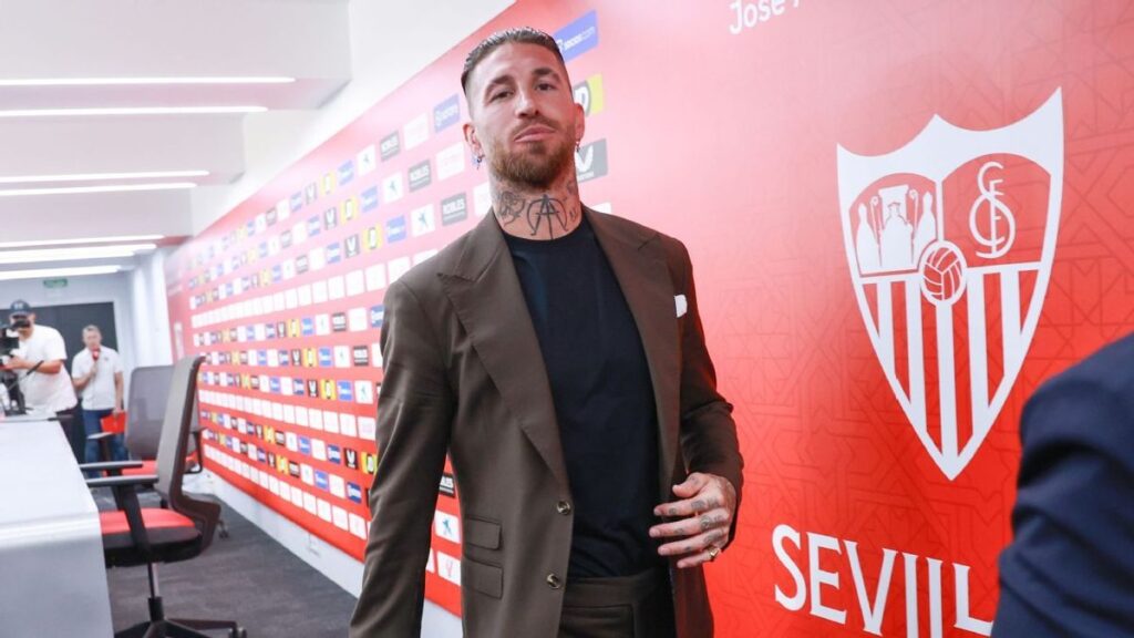 Sergio Ramos in a Sevilla kit looking serious during a La Liga match